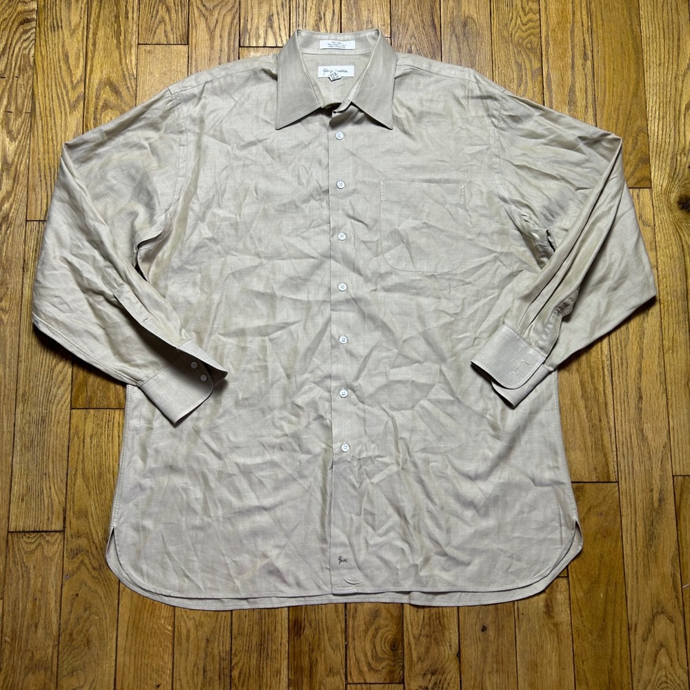 John W Nordstrom Mens Beige Herringbone Cotton Dress Shirt 17 35 Italian Fabric